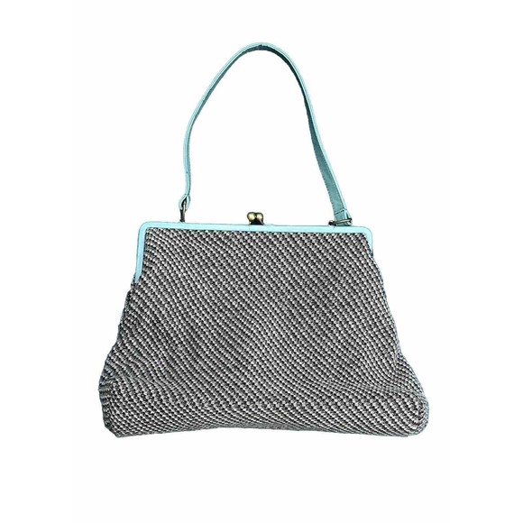Tiffany Blue Tweed Wool Hand Bag Shoulder Frame Purse Made In India - Picture 2 of 11